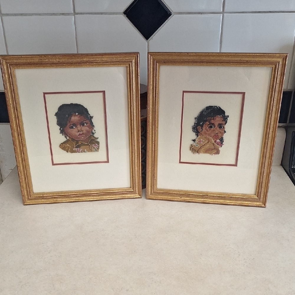 Sale! Needlepoint Vintage Handmade Native Art Work Pictures (Sold as Pair)